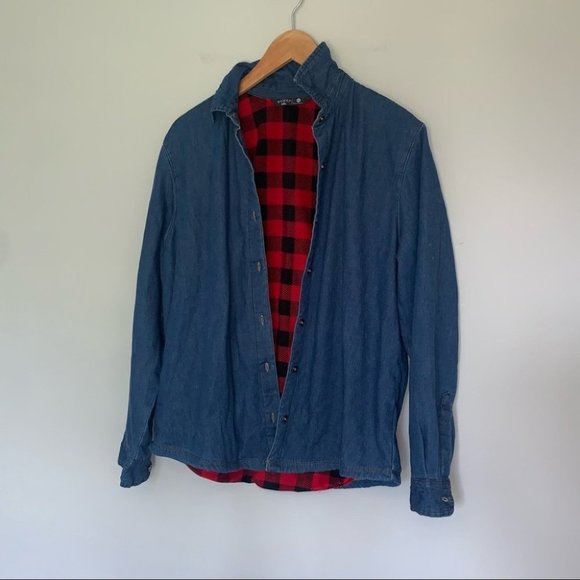 Riders by Lee Plaid-Lined Denim Button-Down Long Sleeve Shirt Jacket Size Medium - Picture 3 of 11